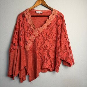 Pretty Angel Floral Lace Top Coral‎ Sm Boho Whimsical Asymmetrical Hem Crochet